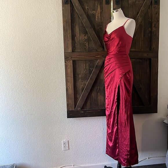 New Wedding dress Satin COWL NECK RED GOWN FRONT Split back lace up gown - Picture 6 of 13